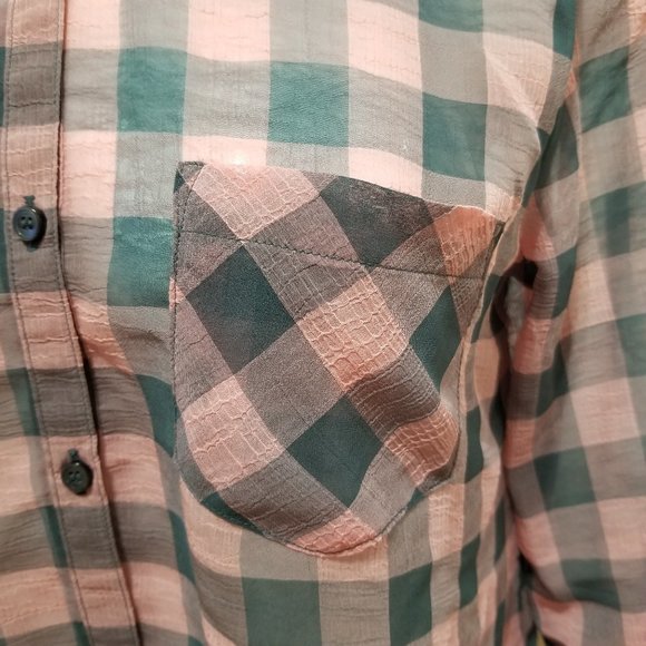 Faded Glory top Small 4/6 plaid sheer hi low chiffon button up down pocket check - Picture 6 of 16